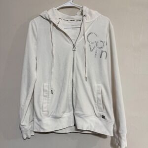 Calvin Klein Velour Zip Up Velour Hoodie White Sparkle Logo Women's S Preppy y2k